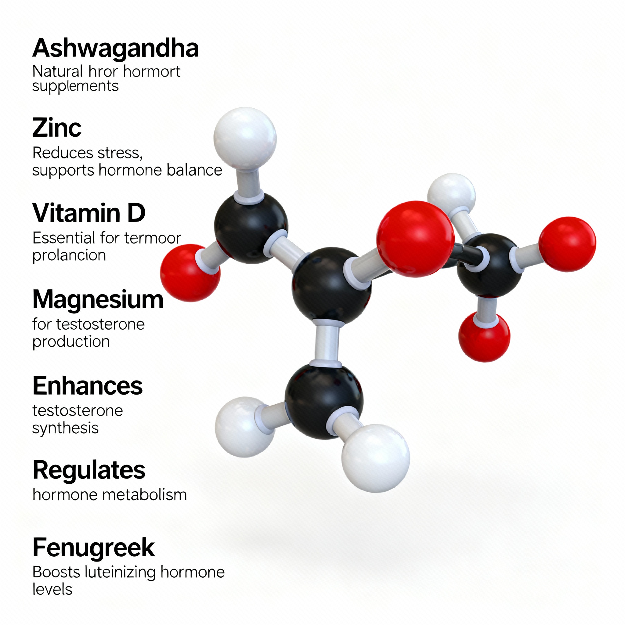 Medical infographic displaying testosterone molecular structure and natural hormone support supplements on white background