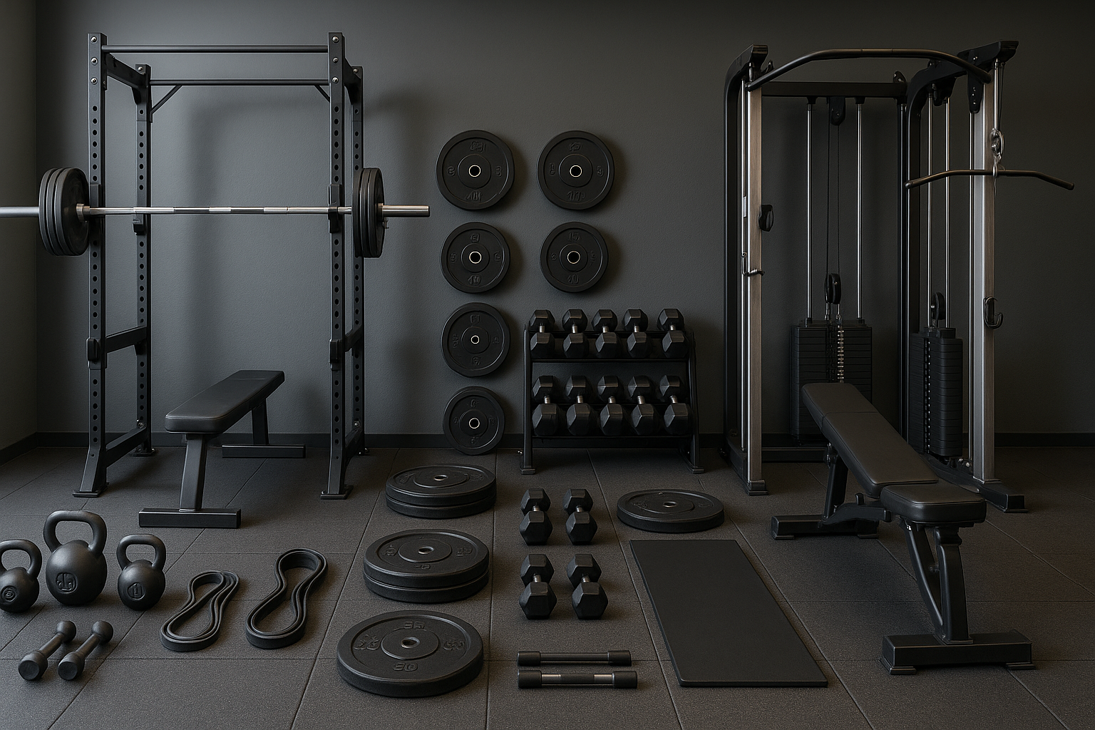 Professional fitness equipment and workout gear layout focused on men's strength training and physical conditioning