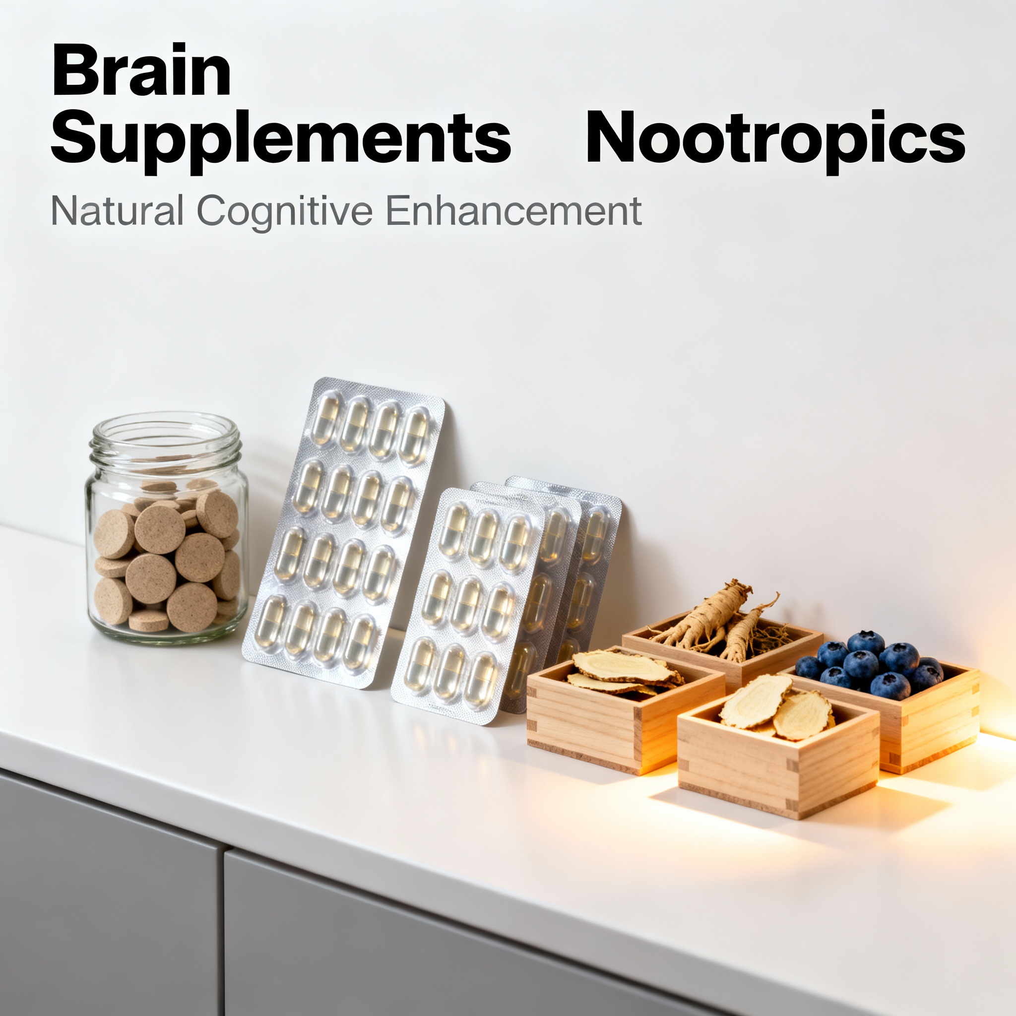 Brain supplements and nootropics display featuring cognitive enhancement products and natural memory boosters
