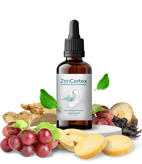 ZenCortex natural hearing support supplement bottle with 360-degree hearing support formula